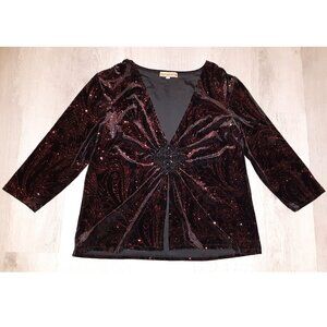 Black Velvet and Dark Red Glitter Deep Plunge V-Neck Long Sleeve Shirt Size XL